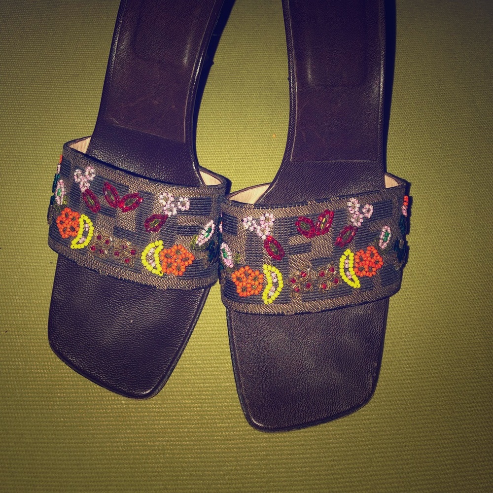 Fendi Embroidered Mules in Black and Multicolor